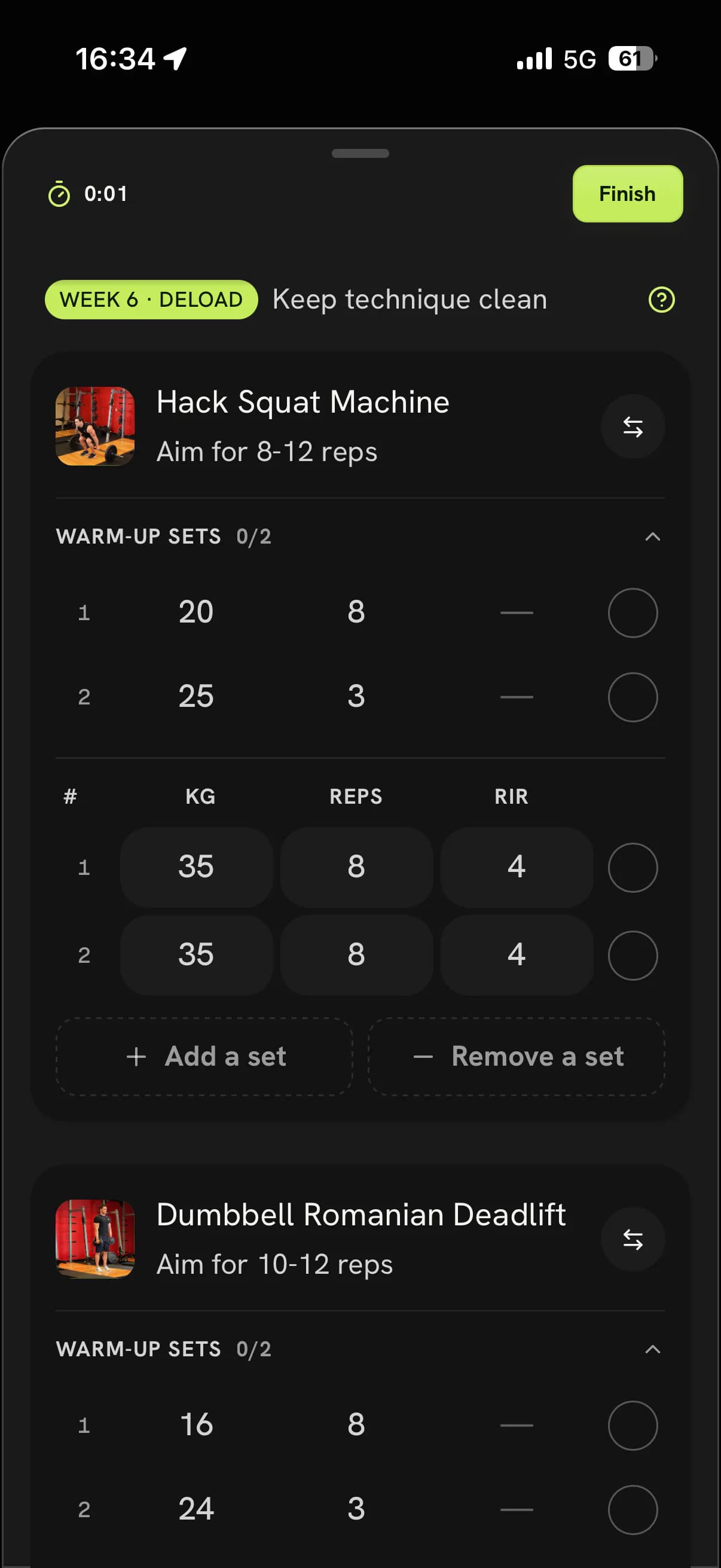 Workout screen — Hack Squat with KG, reps, and RIR entry